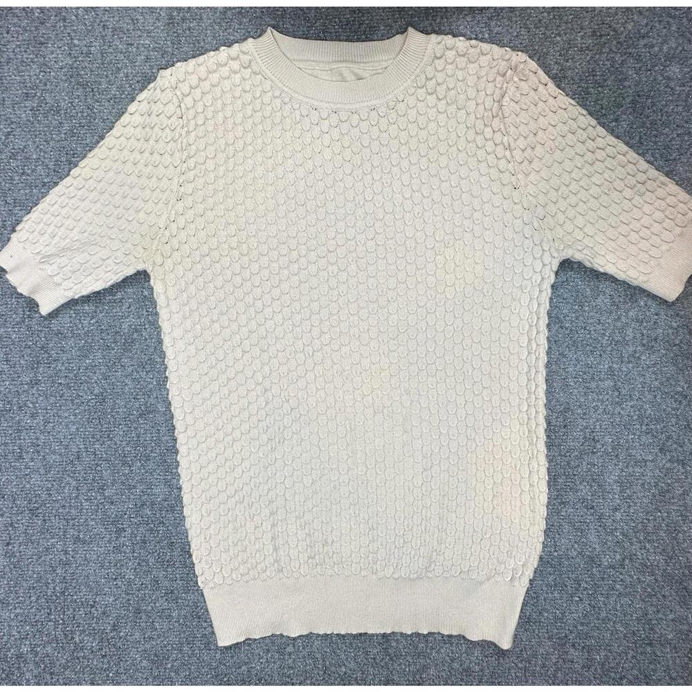 Womens Beige Textured Short Sleeve Sweater Crew Neck Popcorn Knit Pullover XS
